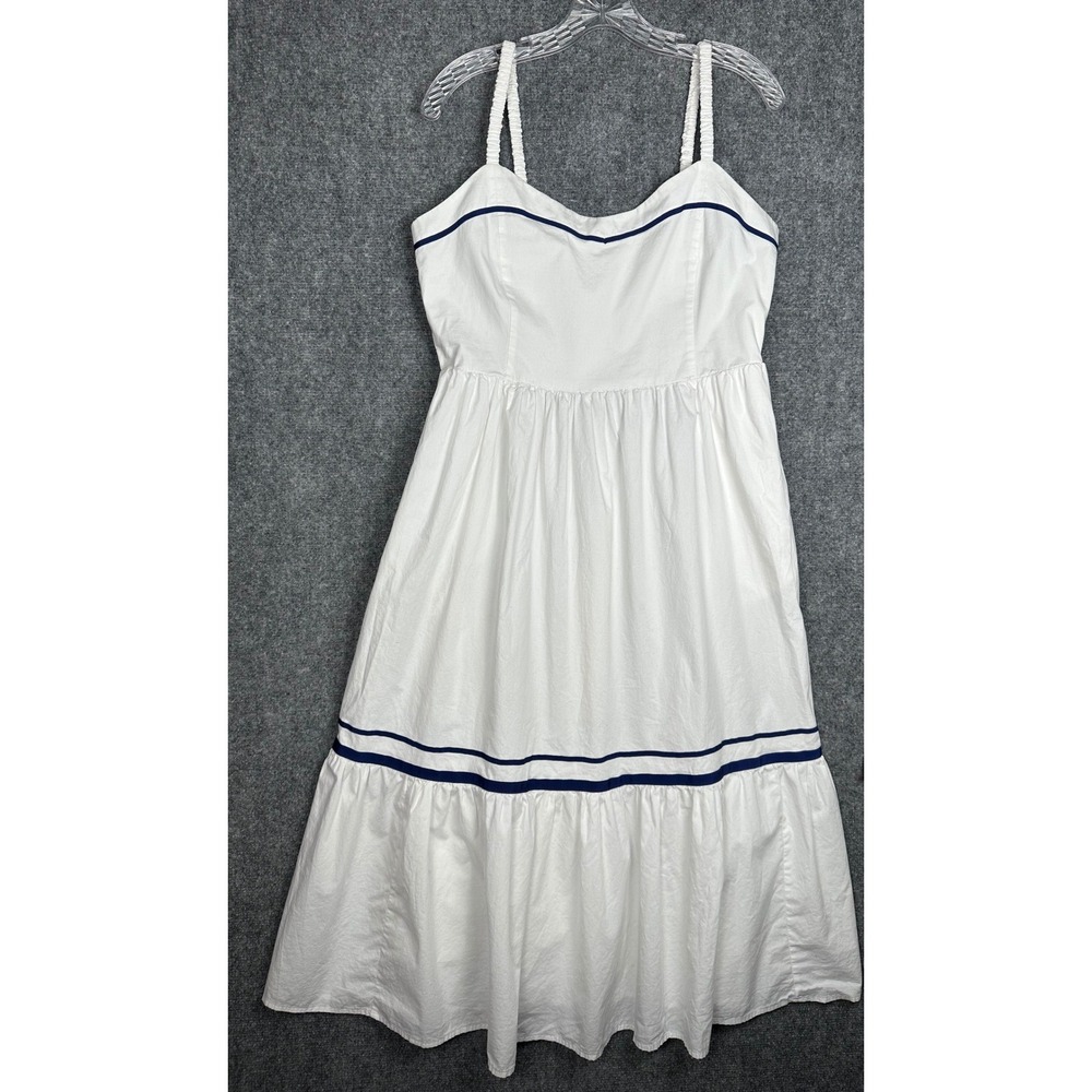 J.Crew Womens Navy Trim Tiered Midi Dress 14 Coastal Preppy White Sun Dress - Picture 2 of 15